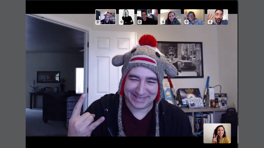 Silly hat day on team video conference call meeting on Slack 